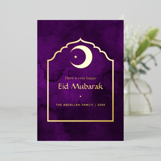 Eid Mubarak Paars en Goud Folie Vakantiekaart Folie Feestdagenkaart (Staand Voorkant)