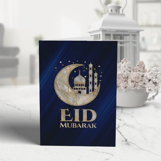 Eid Mubarak — Pearl and Gold on blue Kaart