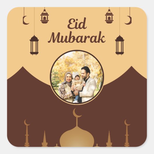 Eid Mubarak Photo Frame Mosque Skyline Art Vierkante Sticker (Voorkant)