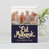 Eid Mubarak Ramadan Elegante foto blauw goud Feestdagenkaart (Staand voorkant)
