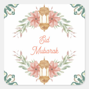 Eid Mubarak Ramadan Mubarak Bloemenkrans Lamp Vierkante Sticker