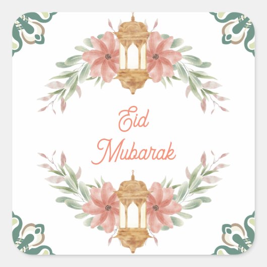 Eid Mubarak |Ramadan Mubarak  Bloemenkrans Lamp  Vierkante Sticker (Voorkant)