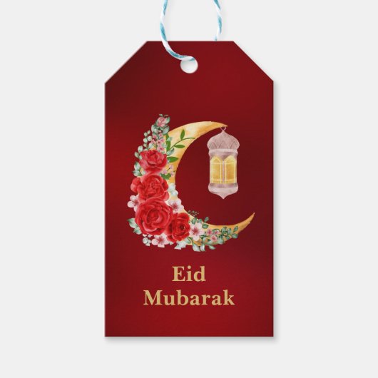 Eid Mubarak Rode Bloemen Cresent Islamitische Lant Cadeaulabel (Voorkant)