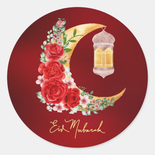 Eid Mubarak Rode Bloemen Cresent Islamitische Lant Ronde Sticker (Voorkant)