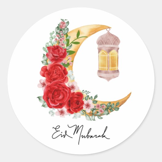 Eid Mubarak Roos Floral Cresent Islamitische lanta Ronde Sticker (Voorkant)