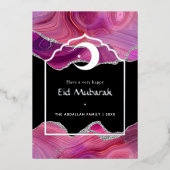 Eid Mubarak Roze en Zilver Agate Folie Feestelijke Folie Feestdagenkaart (Voorkant)