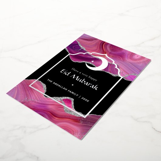 Eid Mubarak Roze en Zilver Agate Folie Feestelijke Folie Feestdagenkaart (Gedraaid)