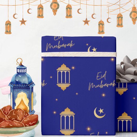 Eid Mubarak saffier blauw + gouden lantaarns maan Cadeaupapier