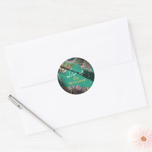 Eid Mubarak sierpatroon Emerald Green Ronde Sticker (Envelop)
