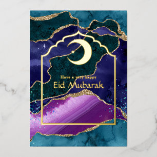 Eid Mubarak sterrenstelsel en gouden agaat folie f Feestdagenkaart