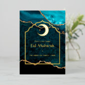 Eid Mubarak Teal - Turkoois en Goud Agaat Folie Feestdagenkaart (Staand Voorkant)