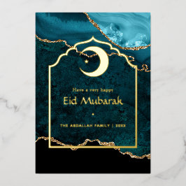 Eid Mubarak Teal - Turkoois en Goud Agate Folie Feestdagenkaart