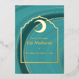 Eid Mubarak Turquoise - Blauwgroen en Gold Agate F Folie Feestdagenkaart
