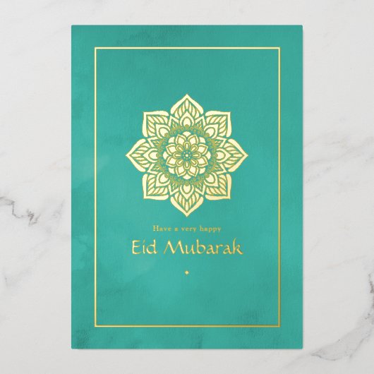 Eid Mubarak Turquoise en Goud Folie Feestdagenkaart (Voorkant)
