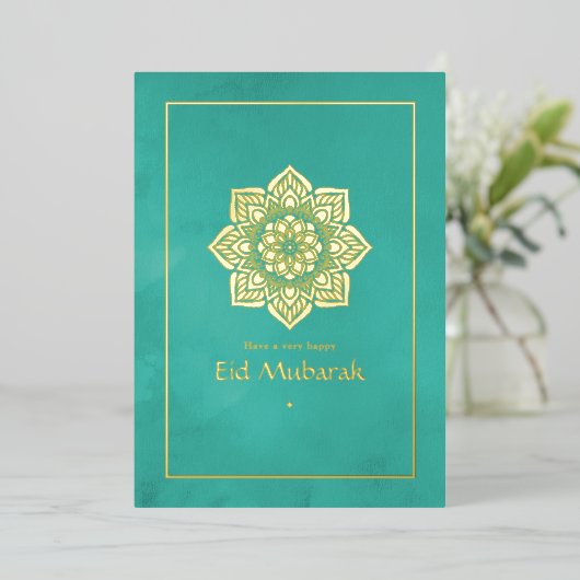 Eid Mubarak Turquoise en Goud Folie Feestdagenkaart (Staand Voorkant)