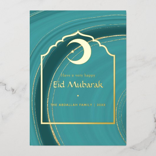 Eid Mubarak Turquoise - Teal en Goud Agate Folie H Feestdagenkaart (Voorkant)