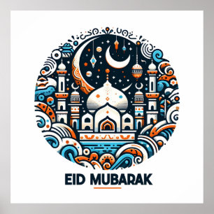 Eid Mubarak Versierde Halvemaan Kleurrijke Moskee  Poster