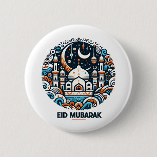 Eid Mubarak Versierde Halvemaan Kleurrijke Moskee  Ronde Button 5,7 Cm