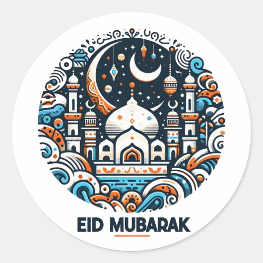 Eid Mubarak Versierde Halvemaan Kleurrijke Moskee  Ronde Sticker (Voorkant)