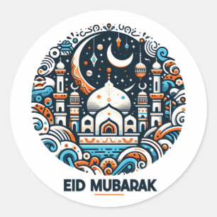Eid Mubarak Versierde Halvemaan Kleurrijke Moskee  Ronde Sticker