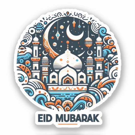 Eid Mubarak Versierde Halvemaan Kleurrijke Moskee  Sticker (Voorkant)
