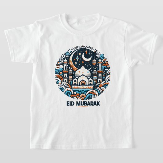 Eid Mubarak Versierde Halvemaan Kleurrijke Moskee T-shirt (Laagn)