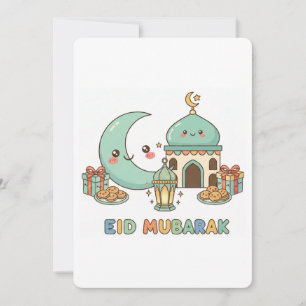 Eid Mubarak-viering - Kawaii Glimlachende Maan Feestdagenkaart