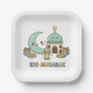 Eid Mubarak-viering - Kawaii glimlachende maan Papieren Bordje