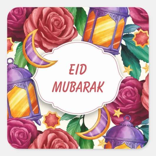 Eid Mubarak Waterverf Floral Vierkante Sticker (Voorkant)