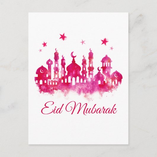 Eid Mubarak Waterverf Mosque Briefkaart (Voorkant)