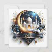 Eid Ramadan Gouden Moskee Halve Maan Blauw Wit Feestdagenkaart (Voorkant)