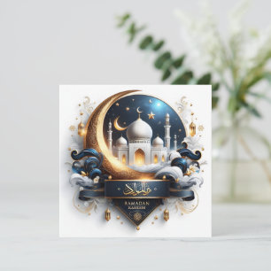 Eid Ramadan Gouden Moskee Wasse Maan Blauw Wit Feestdagenkaart