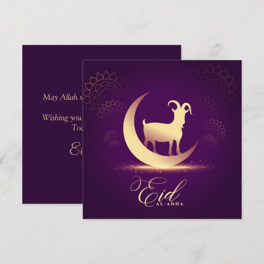 Eid ul Adha Mubarak Crescent Goat Gold Paars Feestdagenkaart (Voorkant / Achterkant)