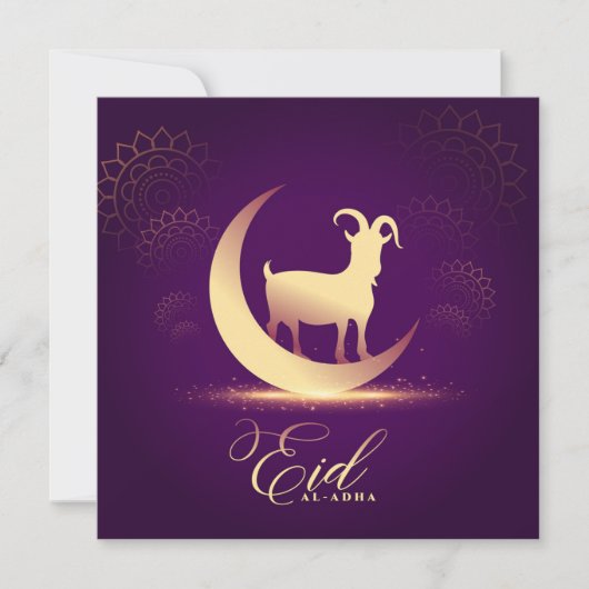 Eid ul Adha Mubarak Crescent Goat Gold Paars Feestdagenkaart (Voorkant)