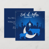 Eid ul Adha Mubarak Mosque Stars White Blue Feestdagenkaart (Voorkant / Achterkant)