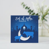 Eid ul Adha Mubarak Mosque Stars White Blue Feestdagenkaart (Staand voorkant)