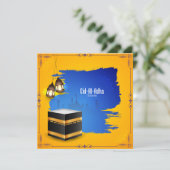EidulAdha Islamic Lantern Mosque Blue Yellow Feestdagenkaart (Staand voorkant)