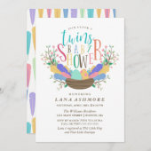 Eieren en kleurrijke veren Baby shower met tweelin Kaart (Voorkant / Achterkant)