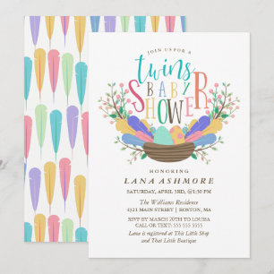 Eieren en kleurrijke veren Baby shower met tweelin Kaart