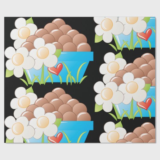 Eieren in blauwe kom met bloemen en hart cadeaupapier (Vlak)