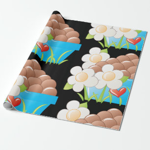 Eieren in blauwe kom met bloemen en hart cadeaupapier