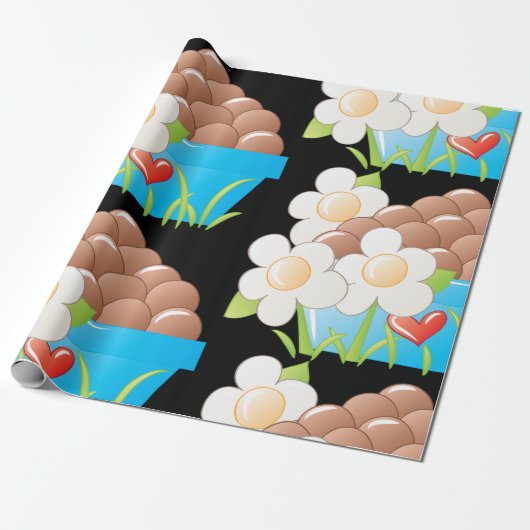 Eieren in blauwe kom met bloemen en hart cadeaupapier (Uitgerold)