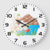 Eieren in blauwe kom met bloemen en hart grote klok (Voorkant)