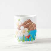 Eieren in blauwe kom met bloemen en hart koffiemok (Center)