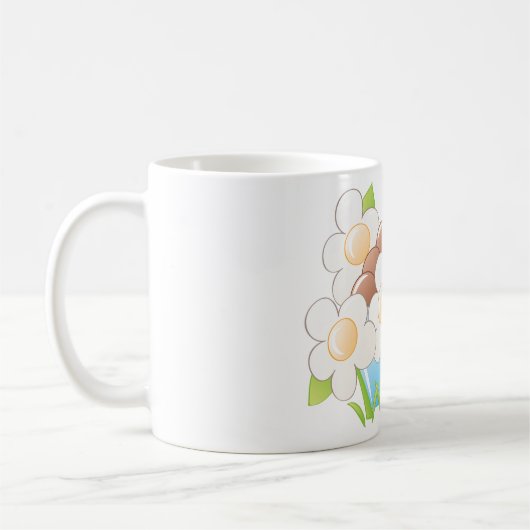 Eieren in blauwe kom met bloemen en hart koffiemok (Links)