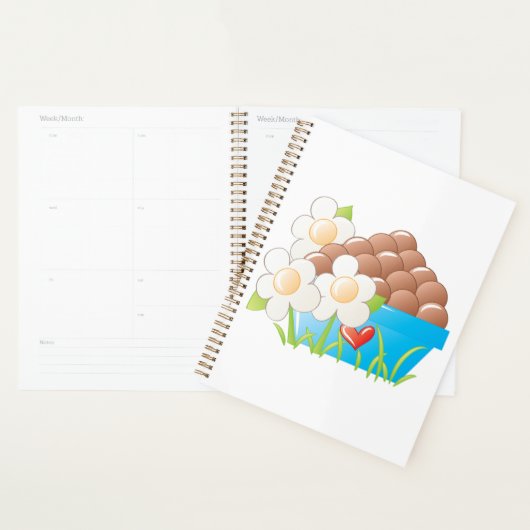 Eieren in blauwe kom met bloemen en hart planner (Display)