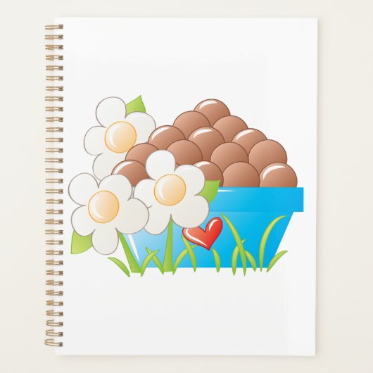 Eieren in blauwe kom met bloemen en hart planner (Voorkant)