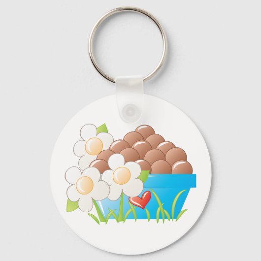 Eieren in blauwe kom met bloemen en hart sleutelhanger (Voorkant)