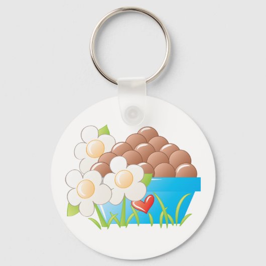 Eieren in blauwe kom met bloemen en hart sleutelhanger (Achterkant)