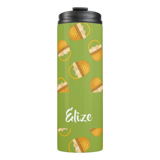 Eieren in bruine mand op groen thermosbeker (Voorkant)